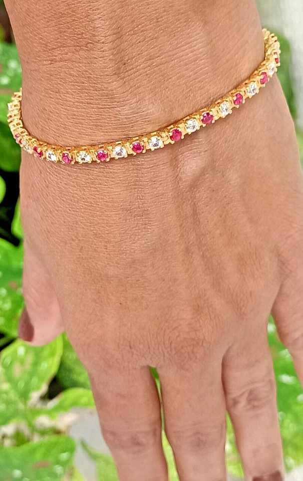 12 Ct Runde Simulierte Saphir Diamant 14k Gelb Vergoldetes Tennisarmband - Bild 2 von 4