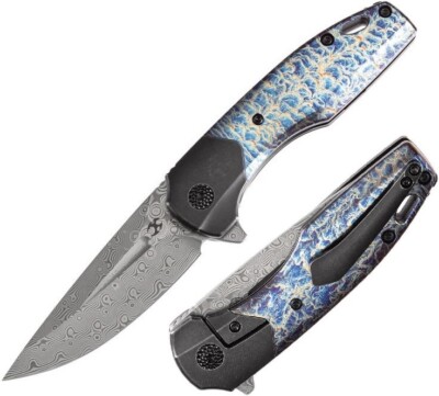Kansept Knives Cassowary Folding Knife 3'' Damascus Steel Blade Titanium Handle