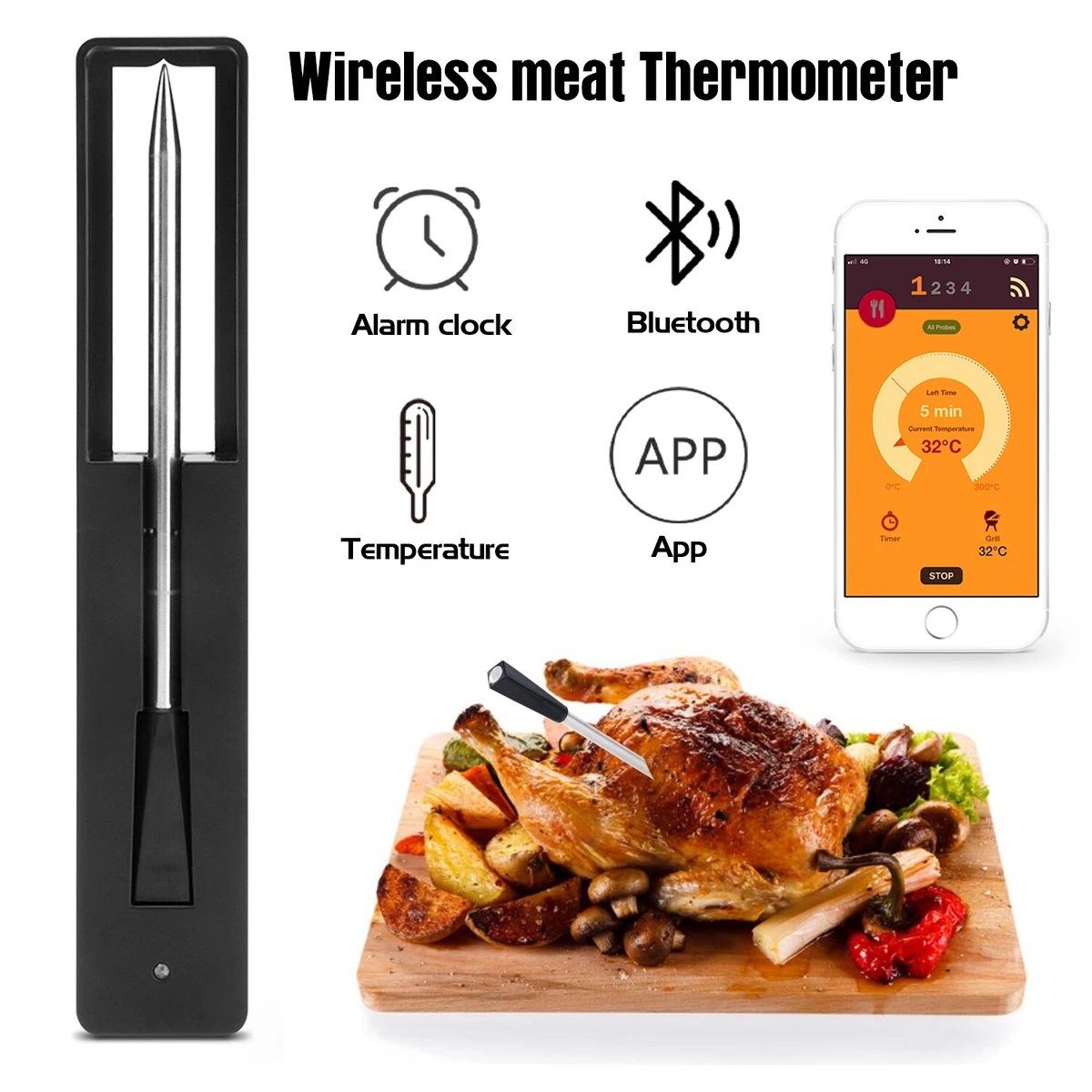  Bluetooth Meat Thermometer, Wireless BBQ Thermometer, Digital  Cooking Thermometer for Grilling Smart APP Control with 6 Stainless Steel  Probes, Support iOS & Android (Blue): Home & Kitchen