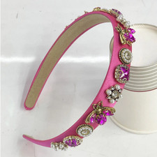 LUXURY HANDMADE HOT PINK SATIN HEADBAND WITH RHINESTONES, WHITE PEARLS  BEES