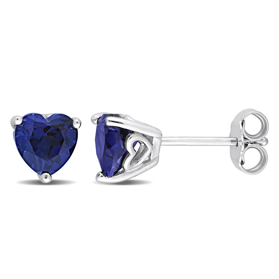 Amour Sterling Silver 1 4/5CT Heart Shape Created Blue Sapphire Stud Earrings