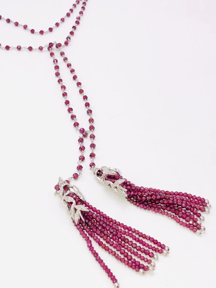 "COLLAR LARIAT 54"" ORO BLANCO 14 QUILATES DIAMANTE NATURAL Y BORLA GRANATE ENVOLVENTE" Foto 2 de 4