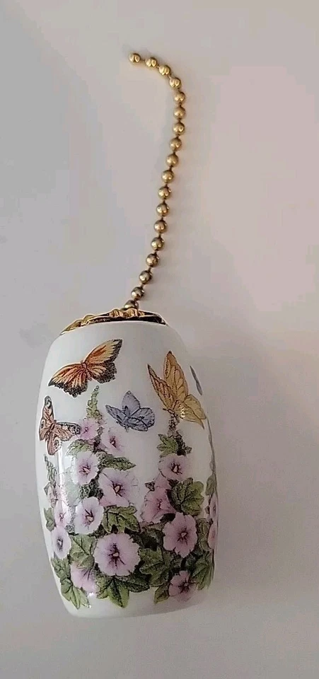  "Ventilador/Luz de Porcelana y Latón Años 80 Aproximadamente 2"" Acabado Tirar Mariposa Floral" Foto 2 de 4