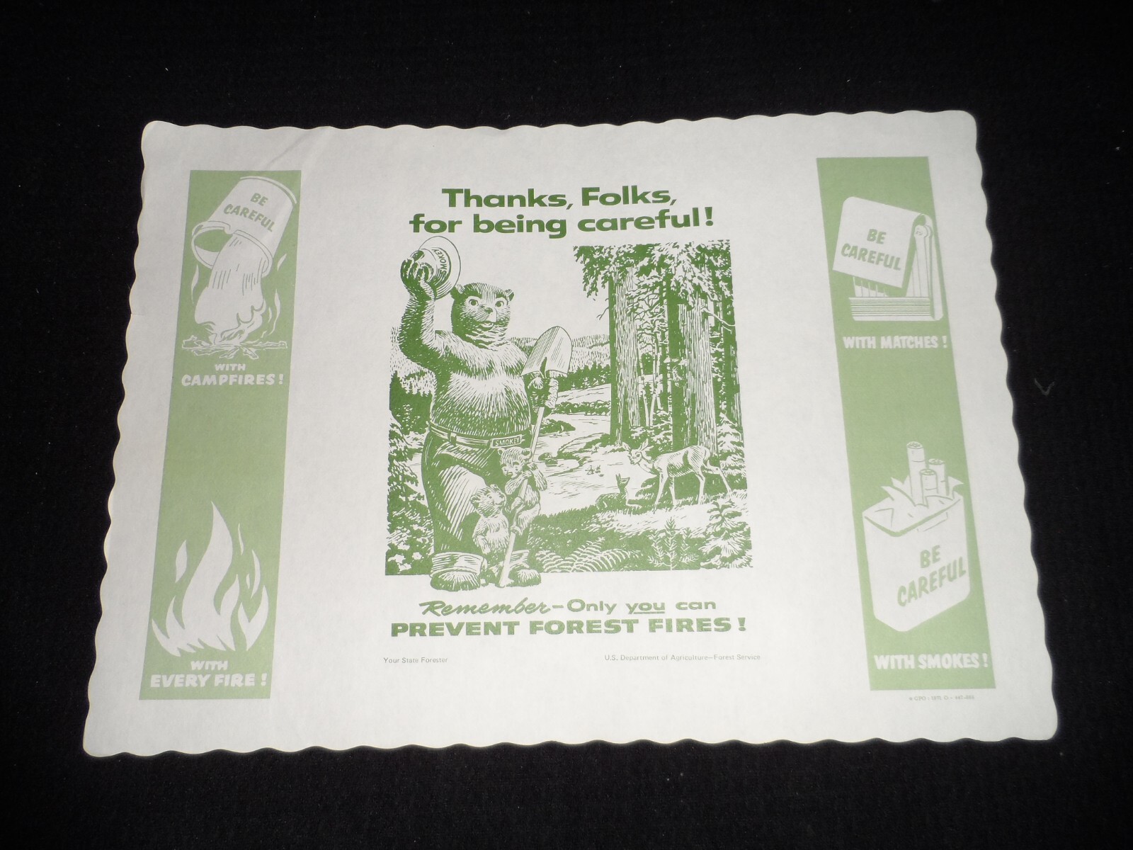 5 copies Vintage 1971 Smokey the Bear Advertising Placemat "BE CAREFUL