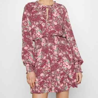 Aerie Women's Size Large Red Brick Stone Floral Print Smocked Waist Mini Dress