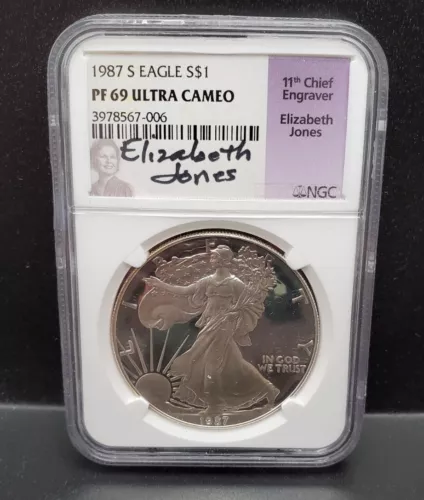 1987 S Proof Silver Eagle-NGC PF69 Ultra Cameo-Elizabeth Jones Signed Label 