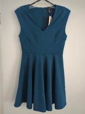 NWT Women's Size M Forever 21 Sleeveless Teal V Neck Skater Short Dress   [PT10]