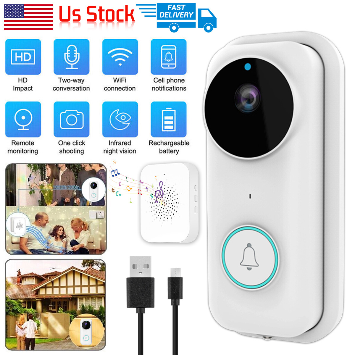 Smart WiFi Wireless Video Doorbell with Intercom & Security Camera  -image