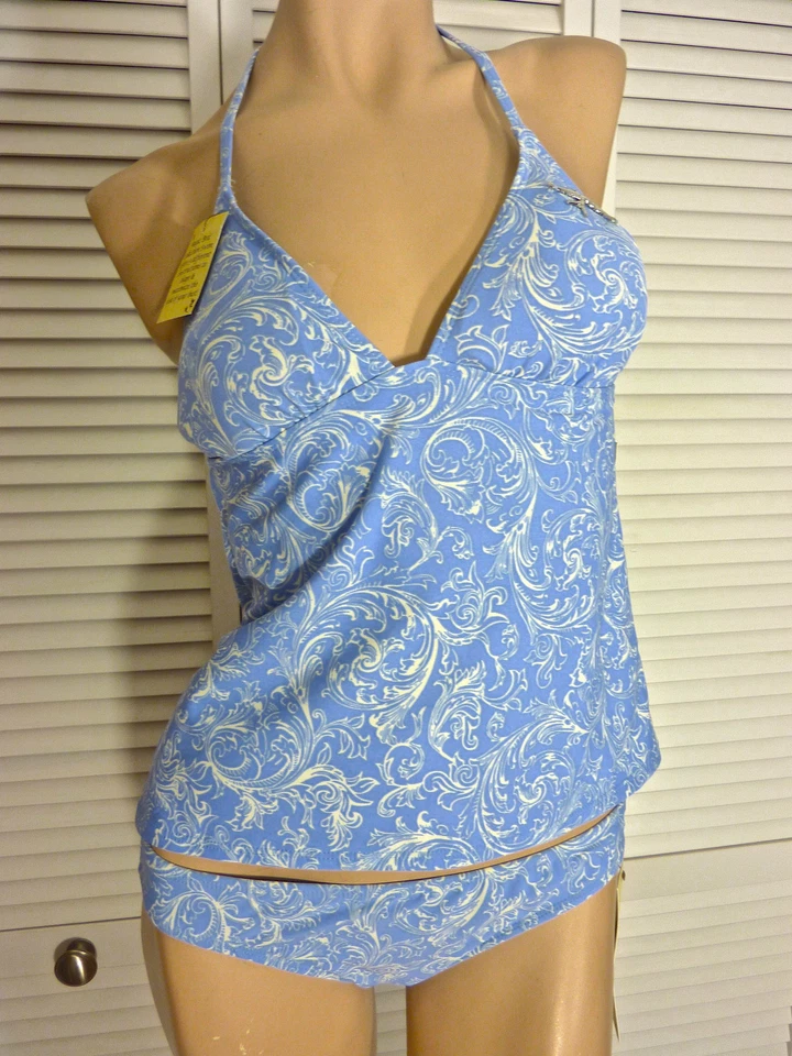 Nuevo con etiquetas Sujetador Mágico Tankini PEQUEÑO/MEDIANO/GRANDE Azul y Marfil Halter Superior/Parte Inferior Cerrada Foto 2 de 4