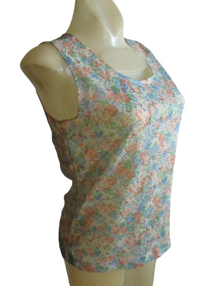 Camiseta sin mangas vintage para mujer mediana años 70 nailon transparente rosa/azul flores elástica mediana Foto 2 de 4