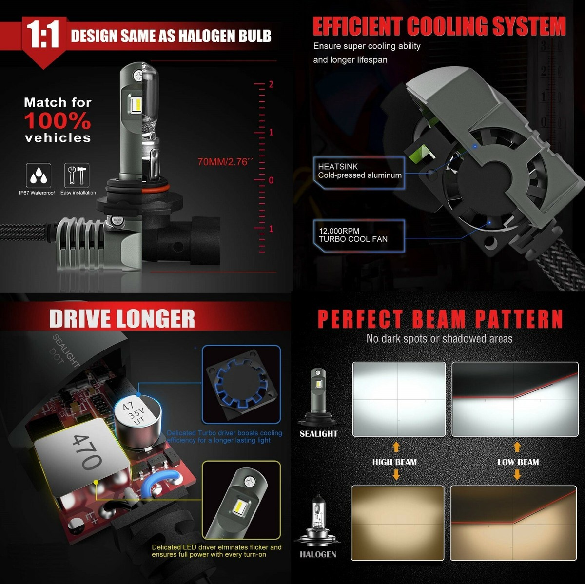 LED Kit M 60W H7 6000K White Two Bulbs Head Light Low Beam