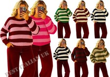 UK LADIES WOMENS CHUNKY KNITTED STRIPED CASUAL BAGGY WINTER OVERSIZED JUMPER TOP
