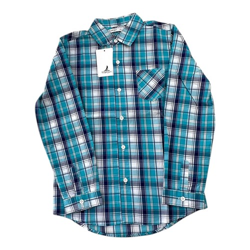 Casual Shirt Boy's Size 10 Green Blue White Plaid Pattern Pocket Long Sleeve - Picture 2 of 8