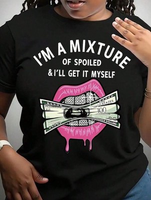 Money & Lips Print Crew Neck T-Shirt, Casual Short Sleeve Top For Spring Summer
