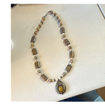 Handcrafted Jasper Beaded Pendant Necklace Teardrop Brown Beige Yellow Stone