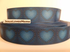 CLEARANCE Grosgrain Ribbon - 3 Yards 1.75 Blue Denim Hearts Stitching, 7/8"