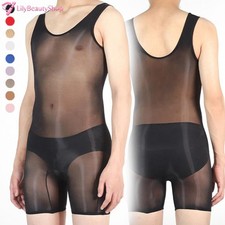 Men Oil Shiny Glossy Jumpsuit Sheer See Through Elastic Bodysuit Tights Leotard