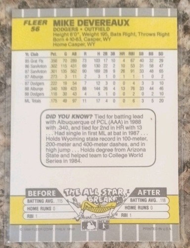MIKE DEVEREAUX - 1989 FLEER #56 MLB Dodgers - Great Condition ! - Picture 2 of 2
