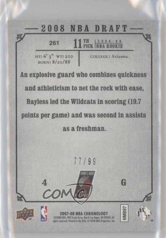 2007 Chronology 2008 NBA Draft Rookie Redemptions Silver /99 Jerryd Bayless #261 - Image 2 of 2