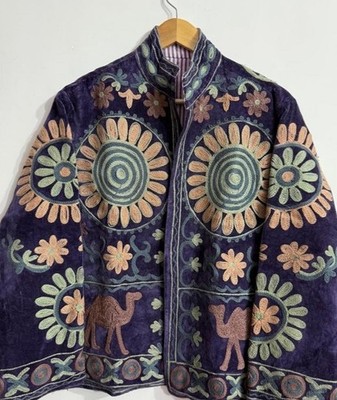 Blue Floral Camel Coat Unique Gift For Her Artisan Crafted Bohemian Style Gift