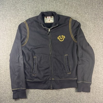 True Religion Jacket Mens XL Black Full Zip Gold Logo Pockets Cotton