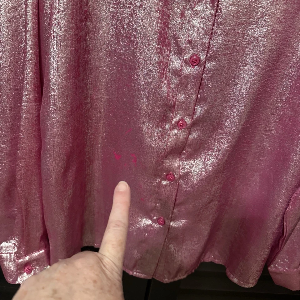 Blusa con botones rosa caballete brillante manga larga para mujer elegante vacaciones cóctel Foto 3 de 4