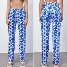 Zara Jeans Straight Leg High Rise Daisy Print Boho Hippie Floral Blue White Sz 4