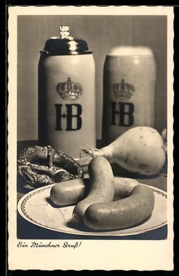 Münchner Gruß mit Bier, Weißwurst und Radi, Ansichtskarte 1937 