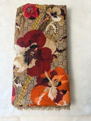 Gucci Floral GG Print Scarf in Brown, Red & Orange
