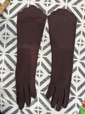 VTG MCM Brown Stretch Formal 16" Long Gloves Scallop And Dots NYE Old Money