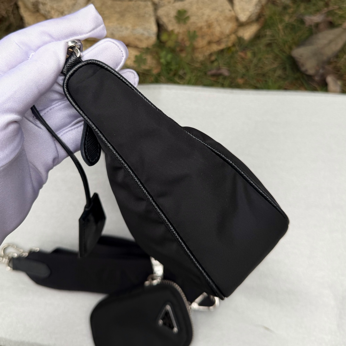 Prada Nylon Hobo Chain Shoulder Bag Crossbody Black Silver Women