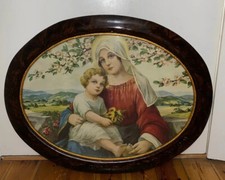 Madonna Heilige Mutter m. Jesuskind Druck Um 1920 Ovaler Holzrahmen