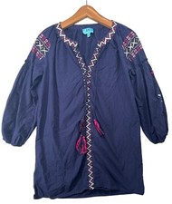 South Main Dress Sz S Navy Blue Embroidered Long-Slv Tasseled Tunic Boho Peasant