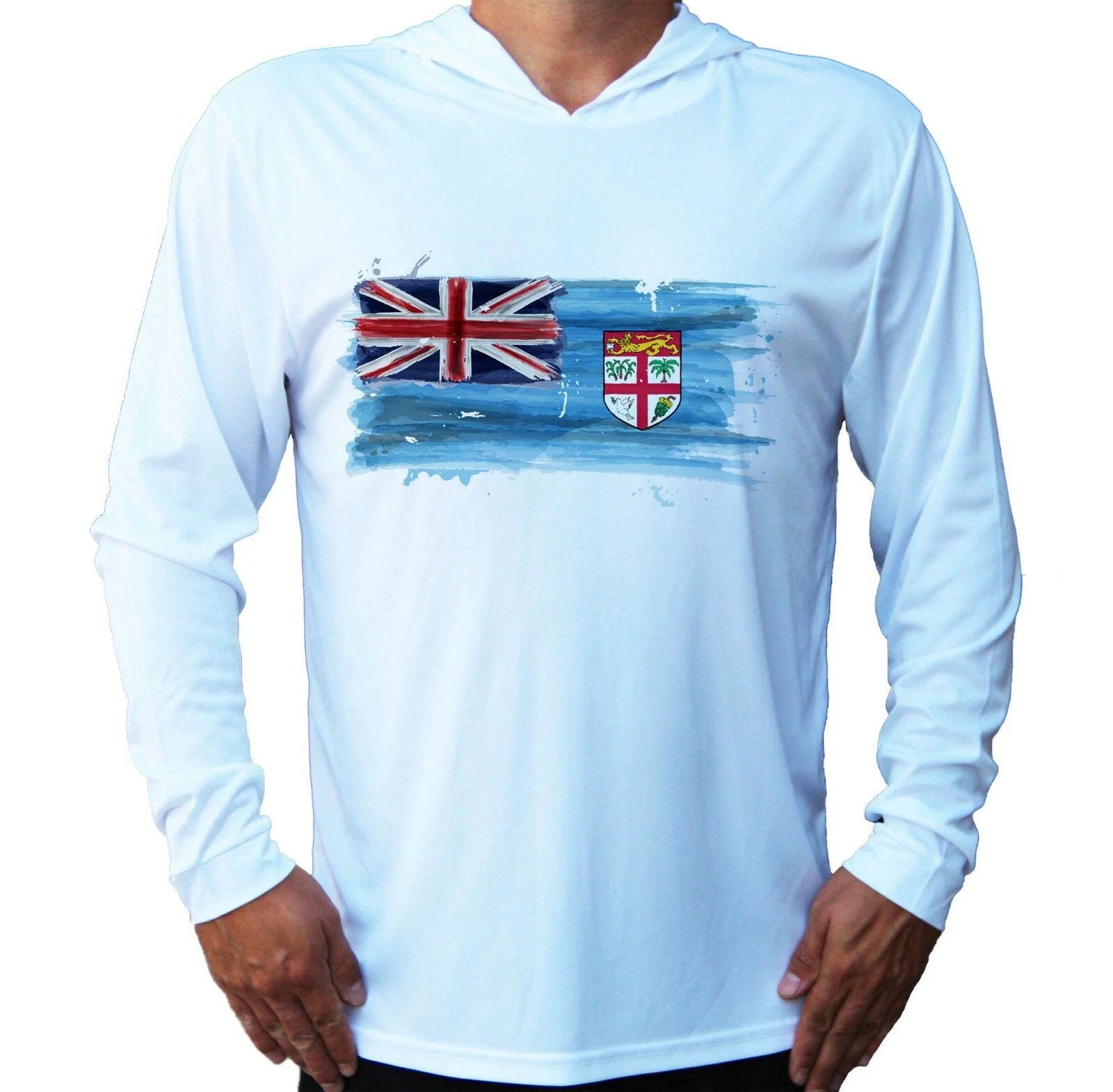 Flag of Fiji Islands Sport UV Protected UPF 50 Long Sleeve T-Shirt Hood Fishing