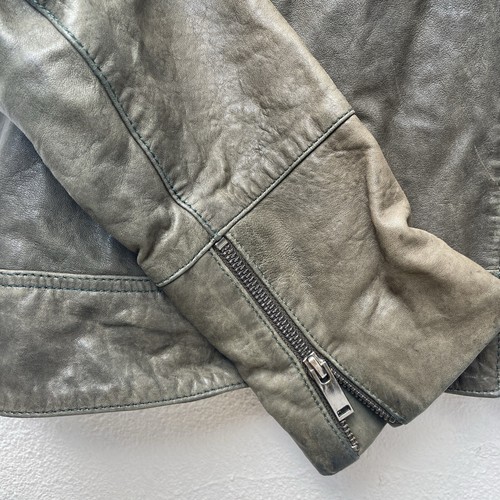Jaeger Real Leather Biker Jacket Womens 10 Medium Green Distressed Cropped Soft - Picture 5 of 23