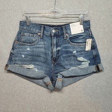 Aero Womens Blue Distressed Cuffed Flat Front Regular Fit Denim Mom Shorts Sz 6