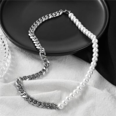 Men's Silver Pearl Cuban Link Chain Punk Rock Biker Necklace Stainless Steel 18''