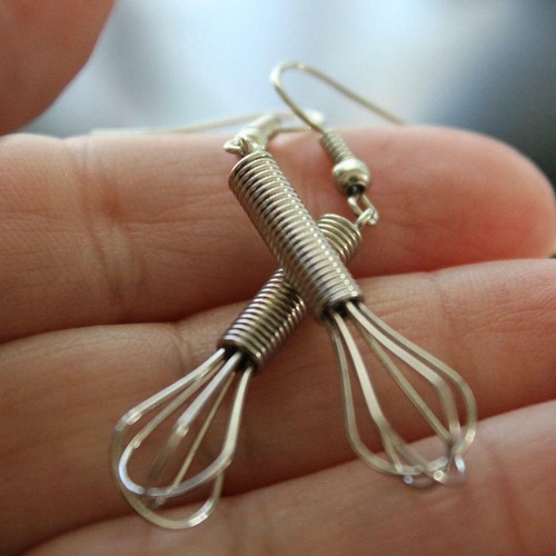 WHISK EARRINGS 2" Cute Tiny Miniature Kitchen Utensil Cook Food Stainless Steel - Picture 3 of 5