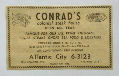 1959 Conrad's Colonial Steak House Advertisement Atlantic City, New Jersey
