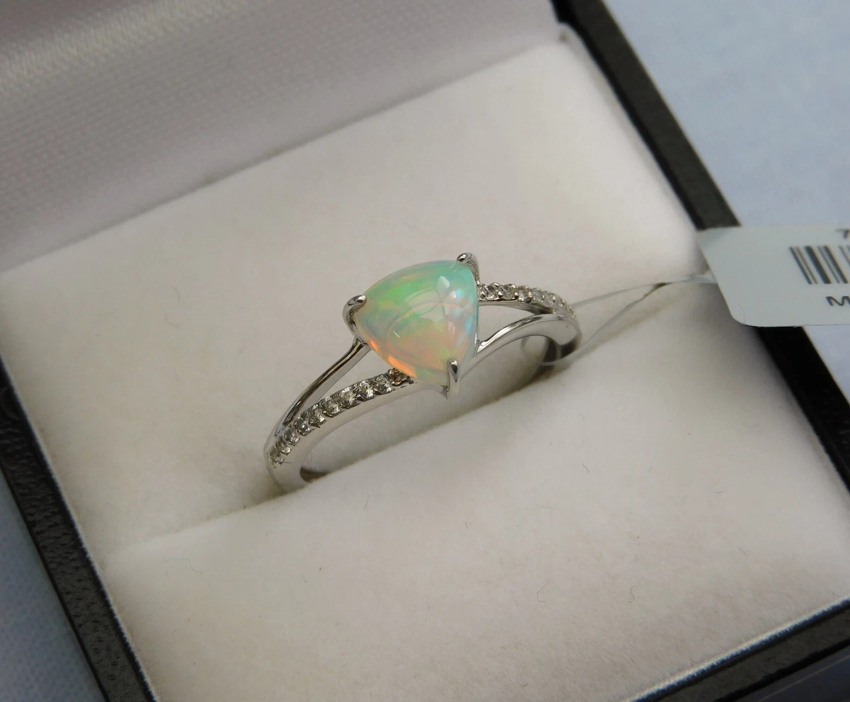 NEW TJC 9CT WHITE GOLD TRILLION ETHIOPIAN OPAL WHITE ZIRCON RING SIZE K 1 2