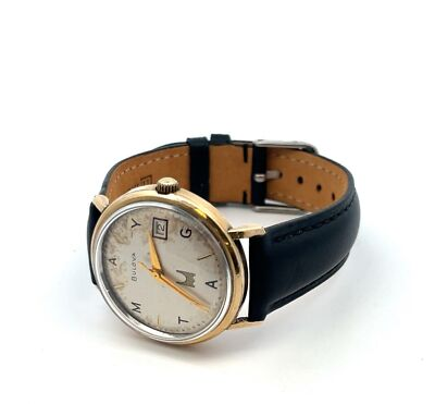#ad Vintage 33mm Bulova Maytag Self Winding 10kt R.G.P Case New Leather Strap $90.00