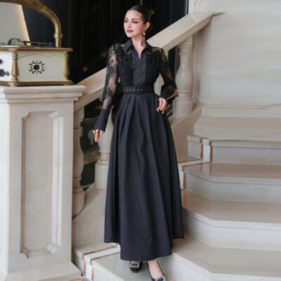 Women's Lapel Collar Long-sleeved Lace Beads Jacquard A-line Long Shirt Dress | eBay Women's Lapel Collar Long-sleeved Lace Beads Jacquard A-line Long Shirt Dress | eBay