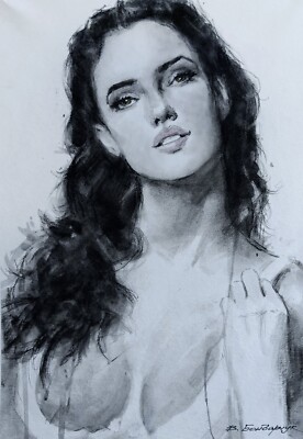 Original charcoal drawing. Girl portrait. Black and white sketch art