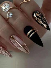 24pcs Black Almond Black Bronzing Glitter Lines Shaped Fake Nail Kit False Nails