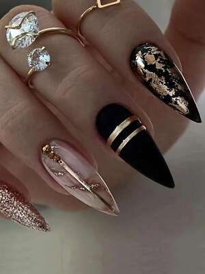 24pcs Black Almond Black Bronzing Glitter Lines Shaped Fake Nail Kit False Nails