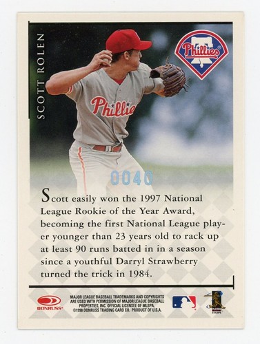 1998 Donruss Signature Series Scott Rolen Century Marks Auto 40/100 HOF SP Card - Picture 2 of 2