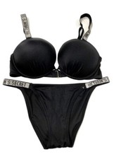Victoria's Secret Shine Strap Bombshell Push Up 2 PC Bikini Swim Set Black NWT