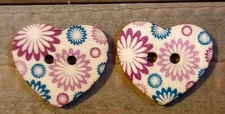 2 Flower Heart Sewing Buttons Crafting Wood 2 Hole  1" 