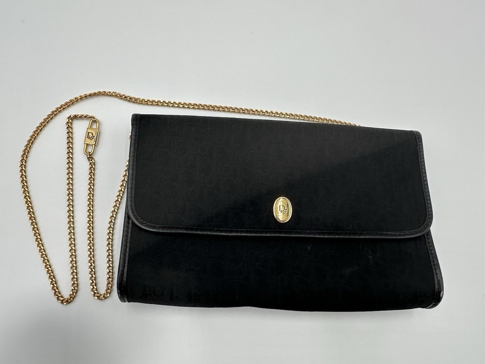 Vintage Christian Dior Trotter Canvas Black Shoulder Bag with Gold Chain Strap