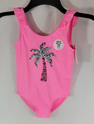 Oshkosh Girls Size 6/6X Flip Sequin One Piece Swimsuit w/ Palm Tree in Pink NWT - Picture 5 of 8